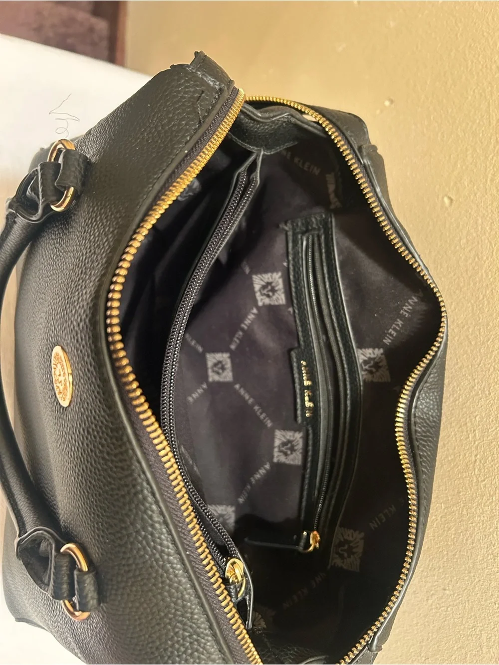 Anne Klein Black Pebble Satchel with Gold Hardware